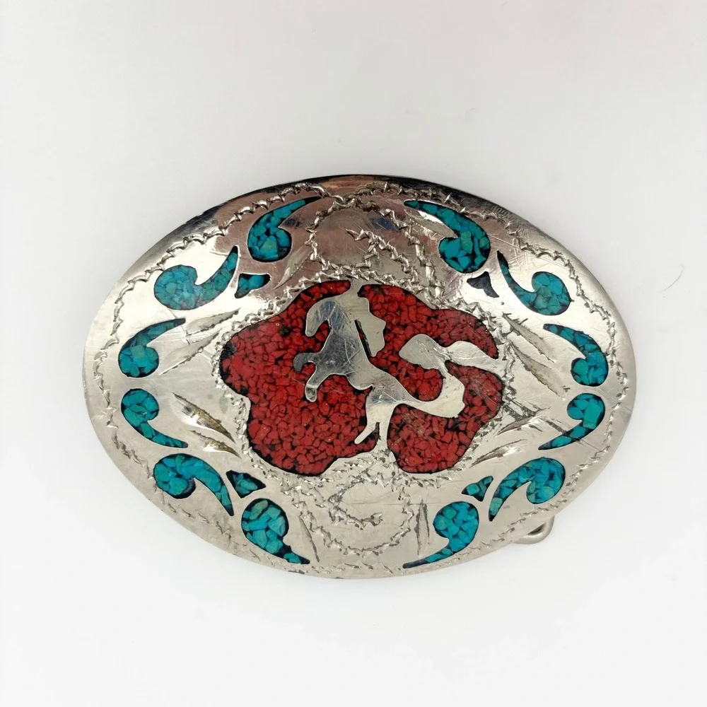 Vintage Southwestern Turquoise & Red Chip Inlay Horse Belt Buckle